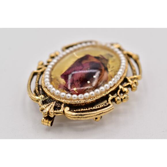 Vintage Dried Rosebud Flower Pin Brooch Antiqued Oval Romantic Chunky 70s BinBP - Picture 8 of 12